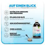 Informationsgrafik zum Casa Sana FreeLaxan KIDS: Eine braune Flasche mit mint-blaufarbenem Aquarell Wasserfleck auf dem Etikett steht rechts neben einer Teelöffel-Darstellung. Überschrift: Was macht Casa Sana FreeLaxan KIDS so besonders? Links befinden sich fünf Vorteile des Produkts: 1. Natürliche Anregung der Verdauung, 2. Pflanzliche Hilfe durch Manna-Esche, Malve, Inulin, Apfelpektin, Pflaumen- & Apfelsaft, 3. Kein Gewöhnungseffekt, 4. Ohne Alkohol, 5. Sehr gut Verträglich.