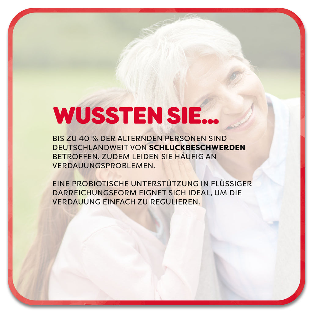 Auf dem Bild: Kind flüstert einer älteren Frau etwas ins Ohr. Im Vordergrund steht ein Textfeld mit der Überschrift ‚Wussten Sie…‘ in roter Schrift: Bis zu 40 % der alternden Personen sind deutschlandweit von Schluckbeschwerden betroffen. Zudem leiden Sie häufig an Verdauungsproblemen. Eine probiotische Unterstützung in flüssiger Darreichungsform eignet sich ideal, um die Verdauung einfach zu regulieren.