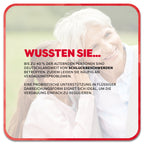 Auf dem Bild: Kind flüstert einer älteren Frau etwas ins Ohr. Im Vordergrund steht ein Textfeld mit der Überschrift ‚Wussten Sie…‘ in roter Schrift: Bis zu 40 % der alternden Personen sind deutschlandweit von Schluckbeschwerden betroffen. Zudem leiden Sie häufig an Verdauungsproblemen. Eine probiotische Unterstützung in flüssiger Darreichungsform eignet sich ideal, um die Verdauung einfach zu regulieren.