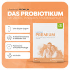 Produktbild von Lactobact PREMIUM 30 Kapseln mit glücklichem Paar und beigem Aquarell Wasserfleck auf der Verpackung. Dank der patentierten Schutztechnologie gelangen die 11 Bakterienstämme und Inulin  sicher in den Darm. Anwendung 1 Kapsel täglich. Natürlich, innovativ, studiengeprüft.