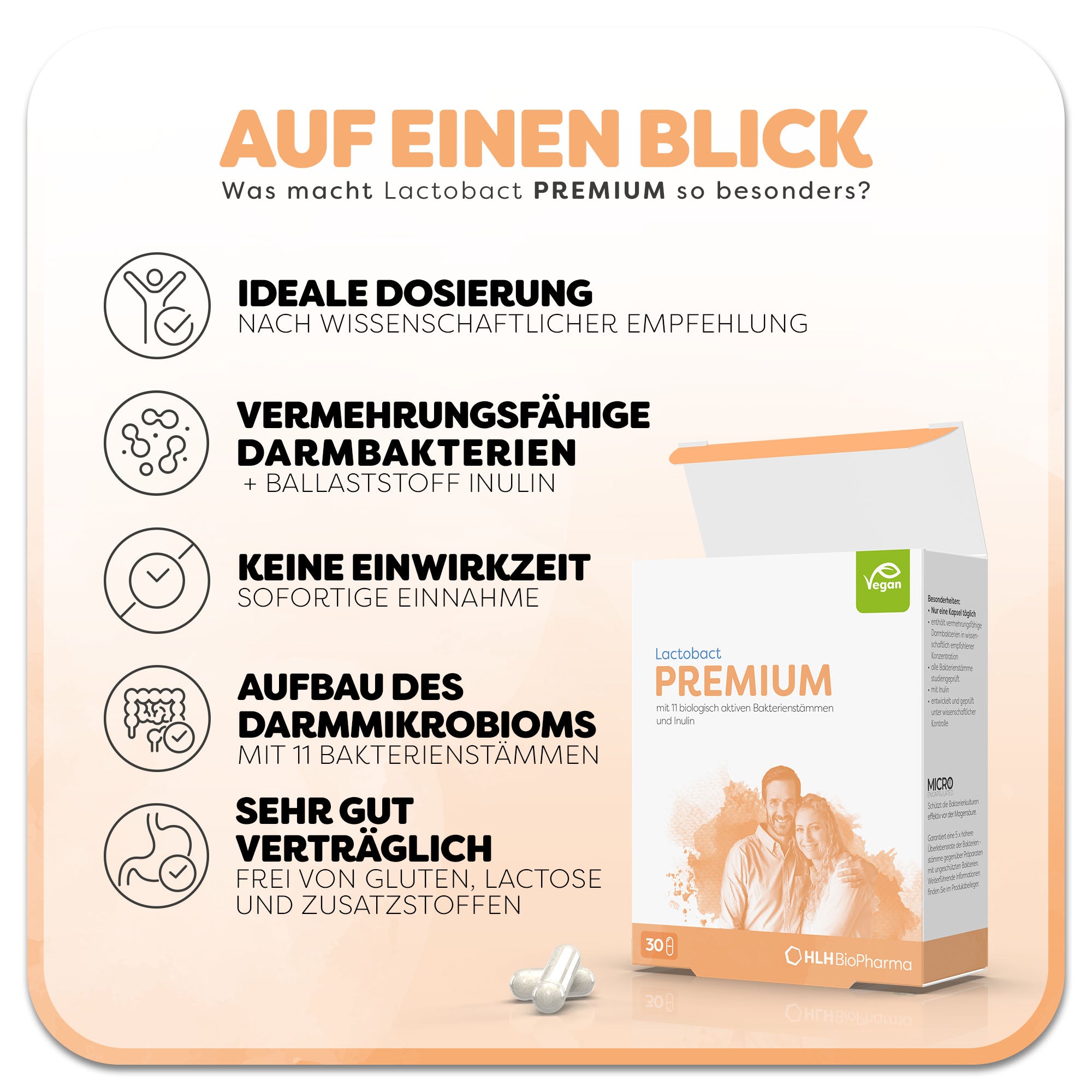 Informationsgrafik zu Lactobact PREMIUM: Eine geöffnete Schachtel mit glücklichem älteren Paar und rotem Aquarell Wasserfleck auf der Verpackung steht rechts neben zwei Kapseln. Überschrift: Was macht Lactobact PREMIUM so besonders? Links befinden sich fünf Vorteile des Produkts: 1. Ideale Dosierung, 2. vermehrungsfähige Darmbakterien, 3. keine Einwirkzeit, 4. Aufbau des Darmmikrobioms, 5. sehr gut verträglich.