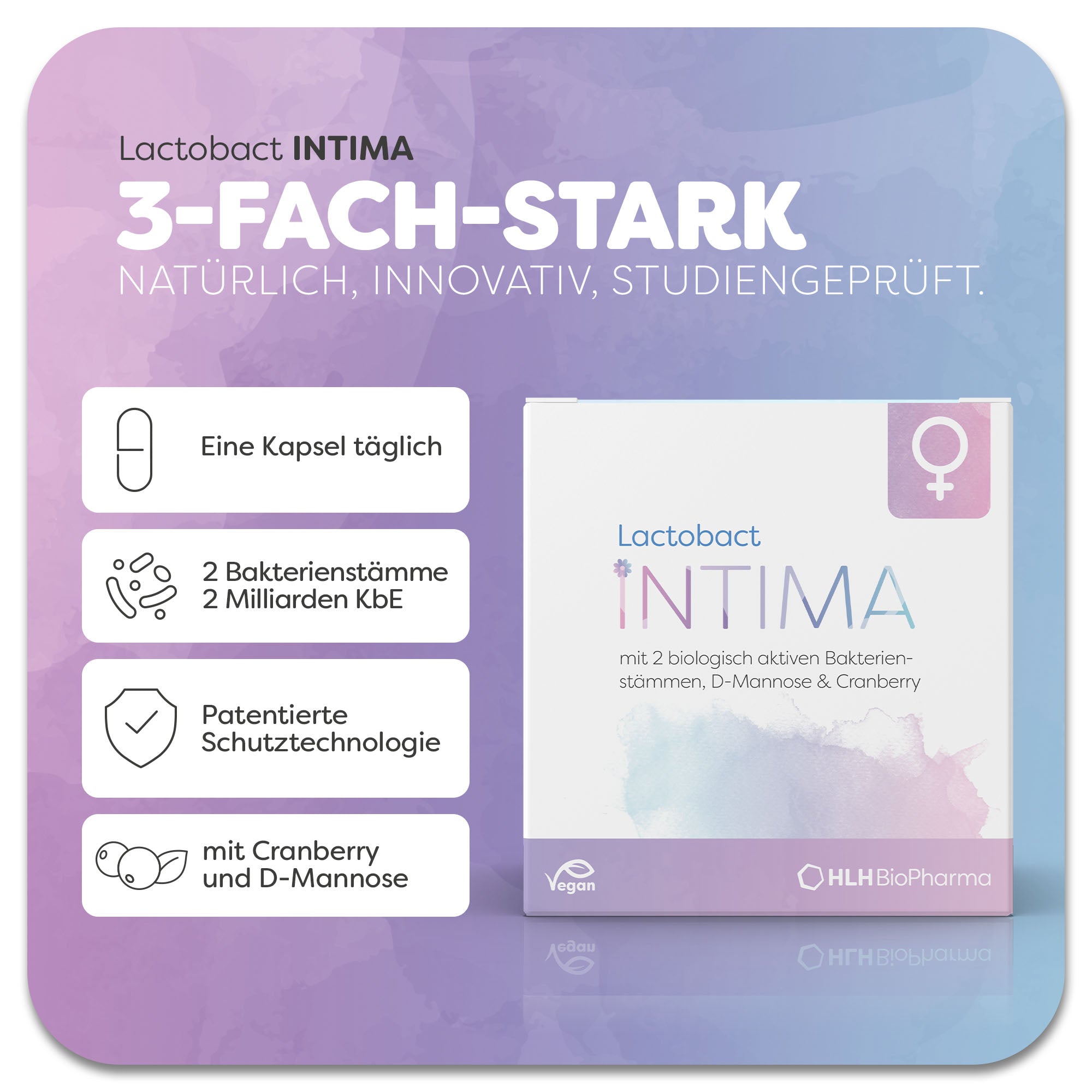 Produktbild des Lactobact INTIMA mit rosa-lilafarbenen Aquarell Wasserfleck und Venussymbol auf der Verpackung. Das Produkt ist vegan und enthält Cranberry und D-Mannose.  Durch die patentierte Schutztechnologie können die 2 Bakterienstämme ohne Wirkverlust eingenommen werden. Anwendung 1 Kapsel täglich. Natürlich, innovativ, studiengeprüft.