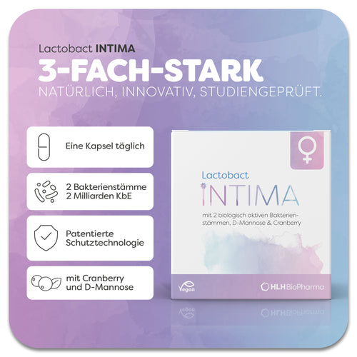 Produktbild des Lactobact INTIMA mit rosa-lilafarbenen Aquarell Wasserfleck und Venussymbol auf der Verpackung. Das Produkt ist vegan und enthält Cranberry und D-Mannose.  Durch die patentierte Schutztechnologie können die 2 Bakterienstämme ohne Wirkverlust eingenommen werden. Anwendung 1 Kapsel täglich. Natürlich, innovativ, studiengeprüft.