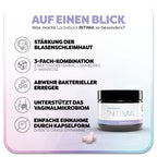 Informationsgrafik zum Lactobact INTIMA: Ein brauner Glastiegel mit weißem Etikett und lilafarbenem Rand steht rechts neben zwei Kapseln. Überschrift: Was macht Lactobact INTENSE so besonders? Links befinden sich fünf Vorteile des Produkts: 1. Stärkung der Blasenschleimhaut, 2. 3-fach-Kombination aus 2 Bakterienstämmen, Cranberry und D-Mannose, 3. Abwehr bakterieller Erreger 4. Unterstützt das Vaginalmikrobiom, 5. einfache Einnahme durch Kapselform.