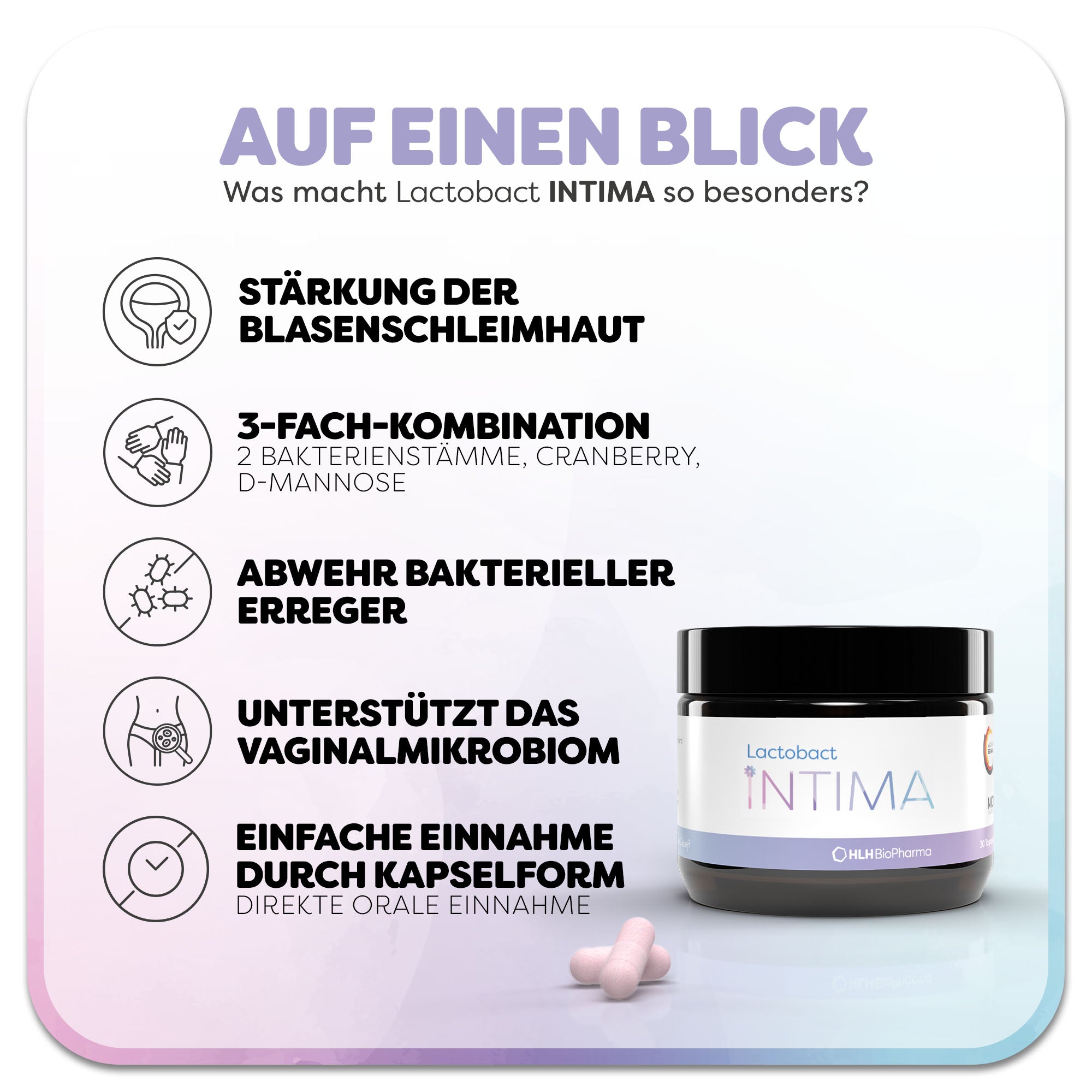 Informationsgrafik zum Lactobact INTIMA: Ein brauner Glastiegel mit weißem Etikett und lilafarbenem Rand steht rechts neben zwei Kapseln. Überschrift: Was macht Lactobact INTENSE so besonders? Links befinden sich fünf Vorteile des Produkts: 1. Stärkung der Blasenschleimhaut, 2. 3-fach-Kombination aus 2 Bakterienstämmen, Cranberry und D-Mannose, 3. Abwehr bakterieller Erreger 4. Unterstützt das Vaginalmikrobiom, 5. einfache Einnahme durch Kapselform.