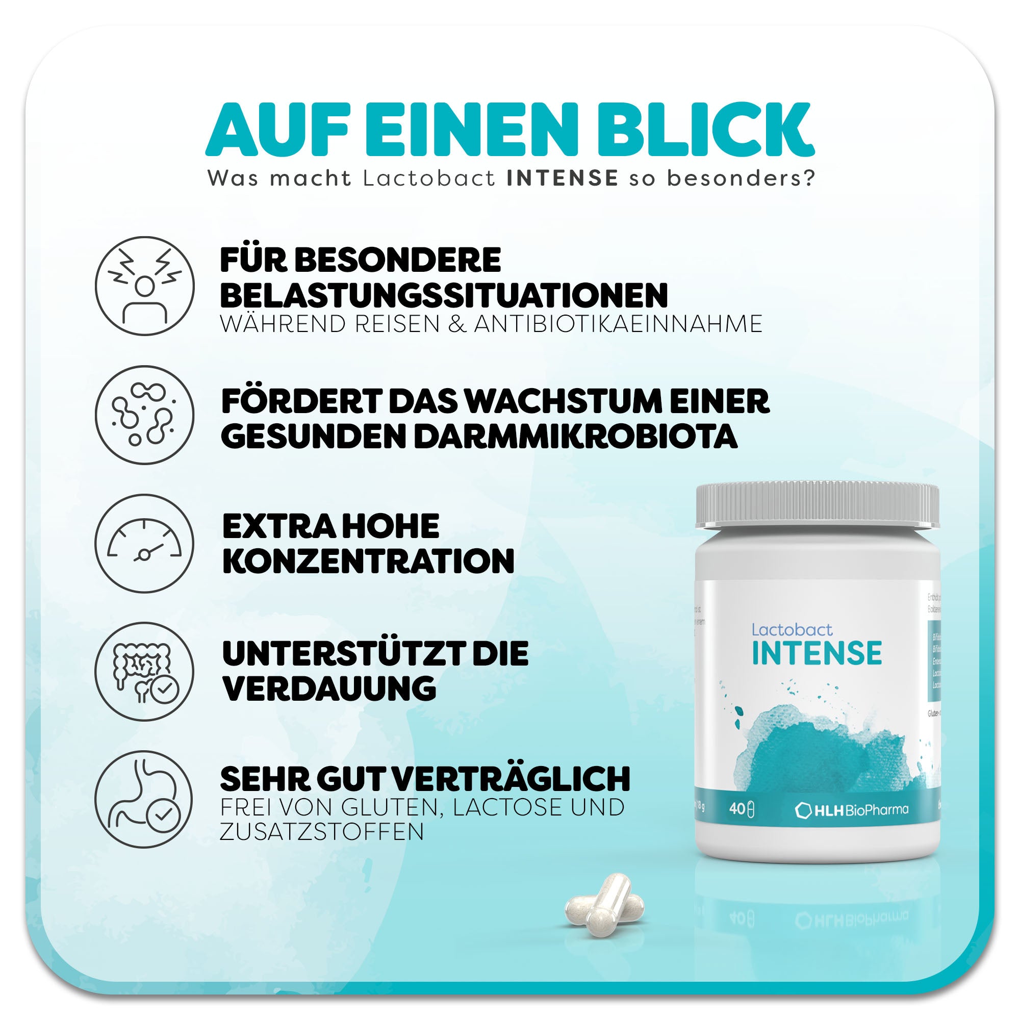 Informationsgrafik zum Hustensaft Lactobact INTENSE: Eine weiße Dose mit türkisfarbenem Aquarell Wasserfleck auf dem Etikett steht rechts neben zwei Kapseln. Überschrift: Was macht Lactobact INTENSE so besonders? Links befinden sich fünf Vorteile des Produkts: 1. Für besondere Belastungssituationen, 2. fördert das Wachstum einer gesunden Darmmikrobiota, 3. extra hoho Konzentration, 4. unterstützt die Verdauung, 5. Sehr gut verträglich.