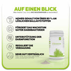 Informationsgrafik zum Casa Sana BIO AKAZIENFASER: Weiße Dose mit grünem Aquarell Wasserfleck auf dem Etikett.. Überschrift: Was macht Casa Sana BIO AKAZIENFASER so besonders? Links befinden sich fünf Vorteile des Produkts: 1. unterstützt das darmverbundene Immunsystem, 2. fördert das Wachstum guter Darmbakterien, 3. zur Verbesserung der Darmfunktion, 4. reguliert die Verdauung, 5. sehr gut Verträglich.