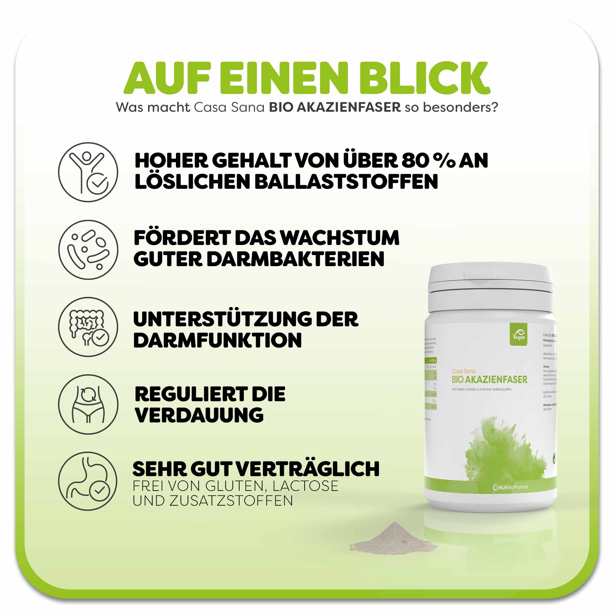 Informationsgrafik zum Casa Sana BIO AKAZIENFASER: Weiße Dose mit grünem Aquarell Wasserfleck auf dem Etikett.. Überschrift: Was macht Casa Sana BIO AKAZIENFASER so besonders? Links befinden sich fünf Vorteile des Produkts: 1. unterstützt das darmverbundene Immunsystem, 2. fördert das Wachstum guter Darmbakterien, 3. zur Verbesserung der Darmfunktion, 4. reguliert die Verdauung, 5. sehr gut Verträglich.
