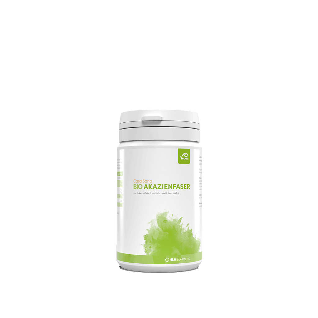 Produktbild Frontansicht weiße Dose von Casa Sana BIO AKSZIENFASER grünem Aquarell Wasserfleck auf dem Etikett. 
 