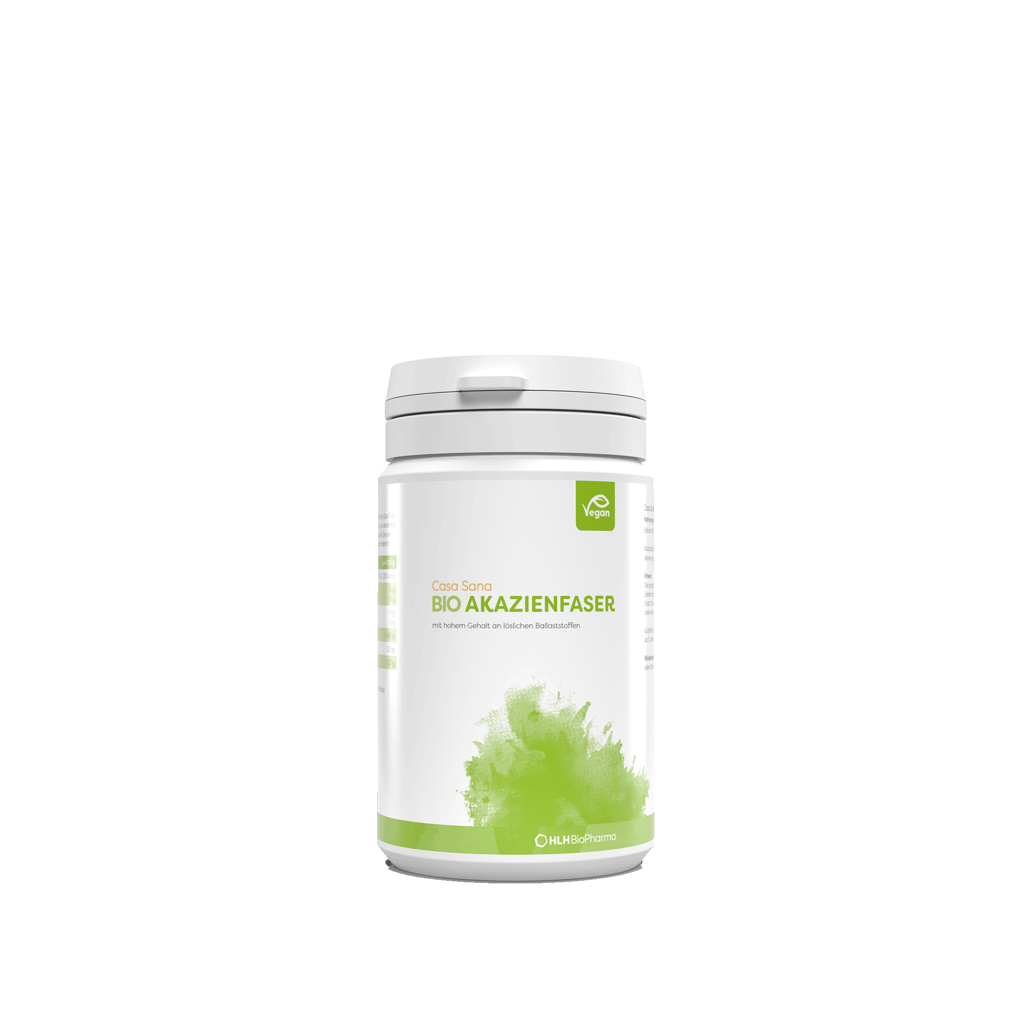 Produktbild Frontansicht weiße Dose von Casa Sana BIO AKSZIENFASER grünem Aquarell Wasserfleck auf dem Etikett. 
 