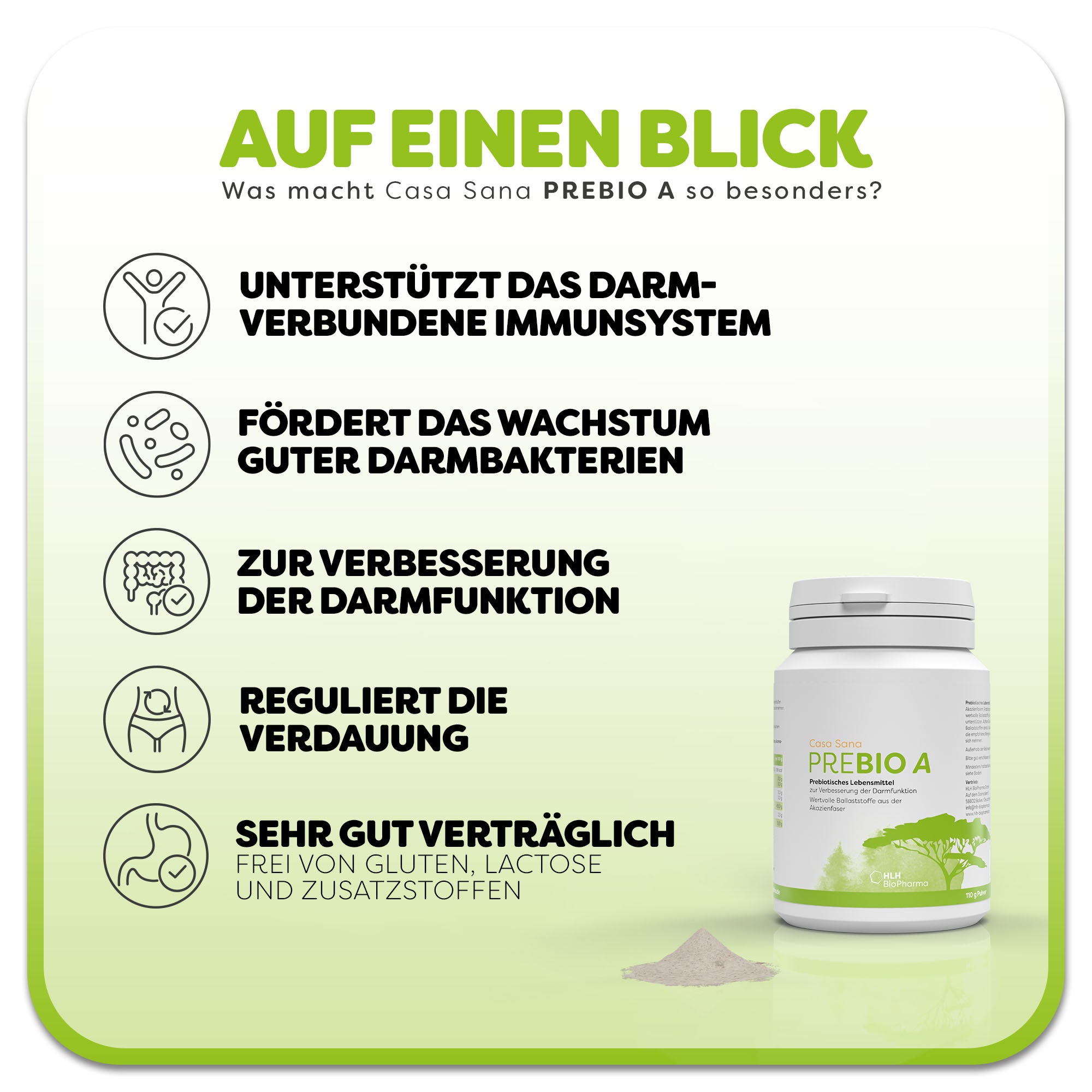 Informationsgrafik zum Casa San Prebio A: Weiße Dose und grüner Silhouette eines Baumes auf dem Etikett. Überschrift: Was macht Casa San Prebio A so besonders? Links befinden sich fünf Vorteile des Produkts: 1. unterstützt das darmverbundene Immunsystem, 2. fördert das Wachstum guter Darmbakterien, 3. zur Verbesserung der Darmfunktion, 4. reguliert die Verdauung, 5. sehr gut Verträglich.