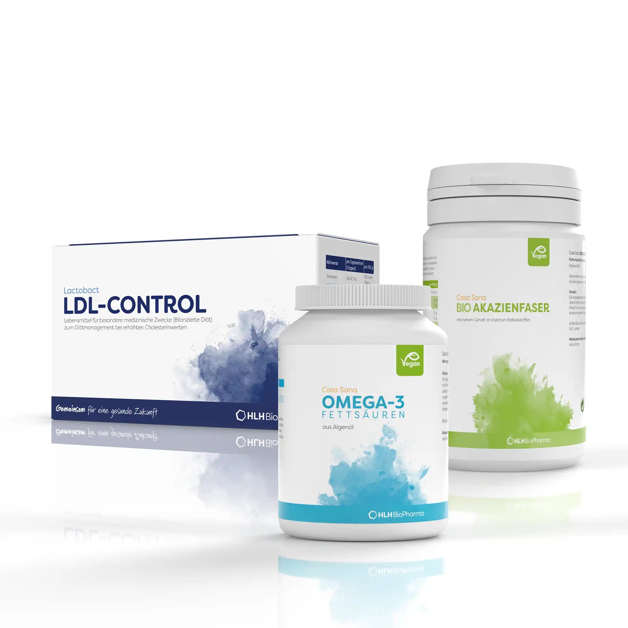 Produktbild Cholesterin & Arterienschutz-Paket: Links Lactobact LDL-Control 90 Kapseln, rechts Casa Sana BIO AKAZIENFASER 110g und in der Mitte Casa Sana OMEGA-3 FETTSÄUREN 90 Kapseln