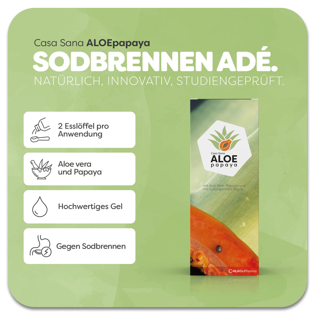 Produktbild von Casa Sana ALOEpapaya mit Abbildung einer Papaya auf der grünen Verpackung. Das Produkt enthält Aloe vera und Papaya und kann gegen Sodbrennen helfen. 2 Esslöffel pro Anwendung.  Natürlich, innovativ, studiengeprüft.