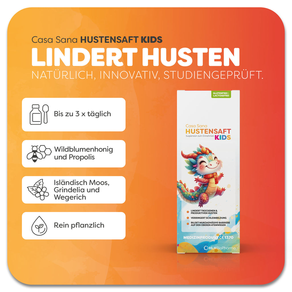 Produktbild des Casa Sana Hustensaft Kids mit bunter Drachenfigur auf der Verpackung. Der Hustensaft ist rein pflanzlich und enthält Wildblumenhonig, Propolis, isländisches Moos, Grindelia und Wegerich. Lindert trockenen und produktiven Husten, reduziert Schleimbildung und schützt die Schleimhäute. Anwendung bis zu 3-mal täglich möglich. Natürlich, innovativ, studiengeprüft.