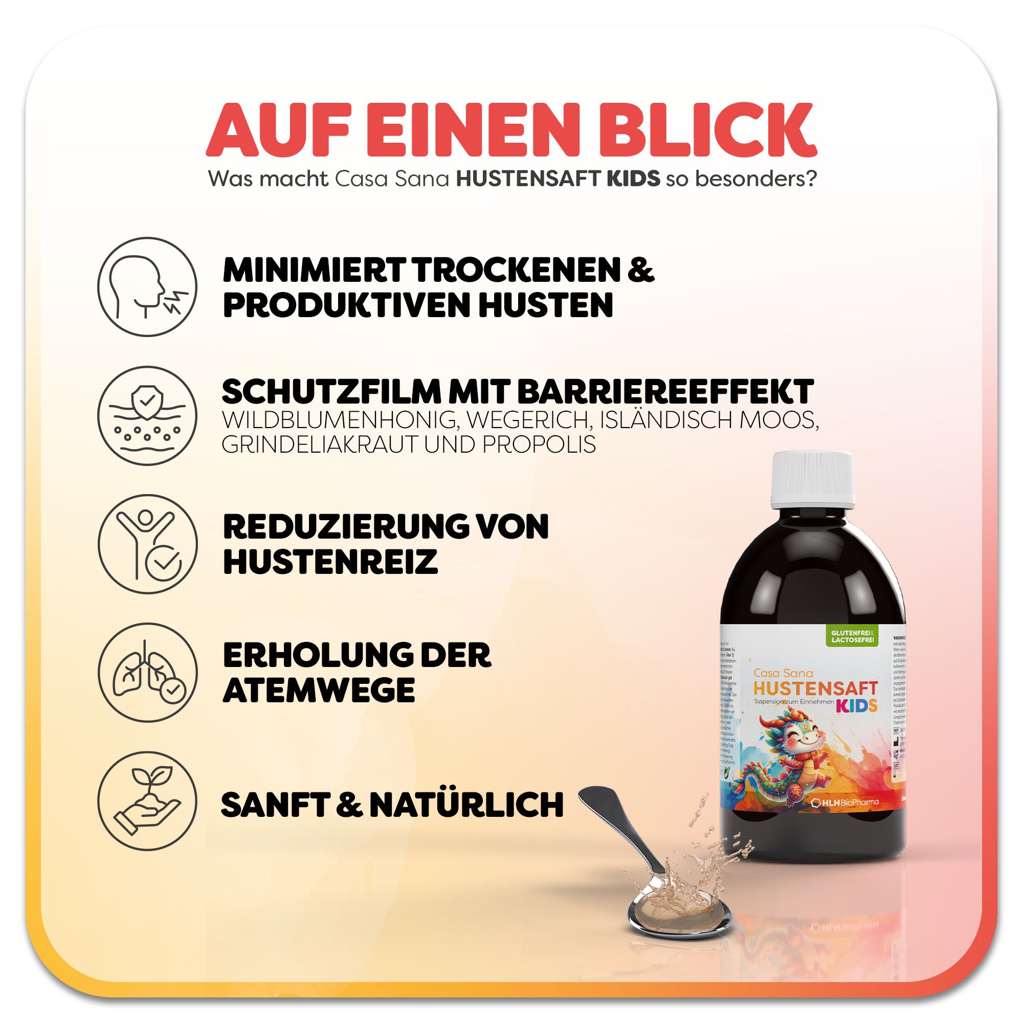 Informationsgrafik zum Hustensaft Casa Sana HUSTENSAFT KIDS. Eine braune Flasche mit buntem Kinderetikett steht rechts neben einer Teelöffel-Darstellung. Überschrift: Was macht Casa Sana Hustensaft Kids so besonders? Links befinden sich fünf Vorteile des Produkts: 1. Minimiert trockenen und produktiven Husten, 2. Schutzfilm mit Barriereeffekt durch Wildblumenhonig, Wegerich, isländisch Moos, Grindeliakraut und Propolis, 3. Reduzierung von Hustenreiz, 4. Erholung der Atemwege, 5. Sanft & natürlich.