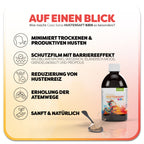 Informationsgrafik zum Hustensaft Casa Sana HUSTENSAFT KIDS. Eine braune Flasche mit buntem Kinderetikett steht rechts neben einer Teelöffel-Darstellung. Überschrift: Was macht Casa Sana Hustensaft Kids so besonders? Links befinden sich fünf Vorteile des Produkts: 1. Minimiert trockenen und produktiven Husten, 2. Schutzfilm mit Barriereeffekt durch Wildblumenhonig, Wegerich, isländisch Moos, Grindeliakraut und Propolis, 3. Reduzierung von Hustenreiz, 4. Erholung der Atemwege, 5. Sanft & natürlich. 