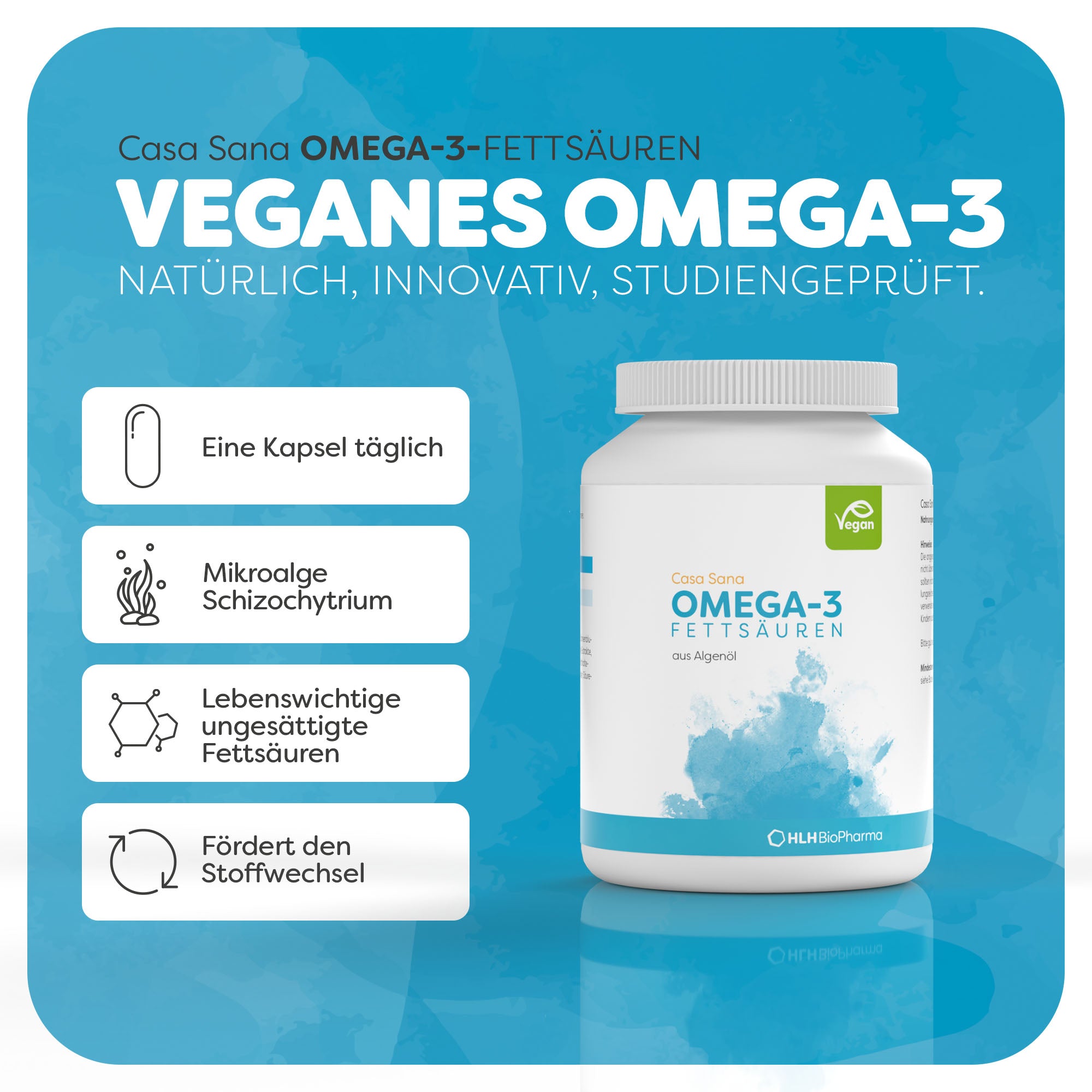 Produktbild von Casa Sana OMEGA-3 Fettsäuren mit hellblauem Aquarell Wasserfleck auf dem Etikett. Das Produkt enthält lebenswichtige ungesättigte Fettsäuren und die Mikroalge Schizochytrium. Das Produkt fördert mit einer Kapsel täglich den Stoffwechsel. Natürlich, innovativ, studiengeprüft.