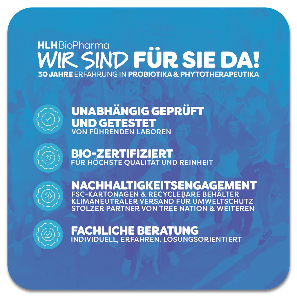 Informationsgrafik von HLH BioPharma mit dem Slogan ‚Wir sind für Sie da! – 30 Jahre Erfahrung in Probiotika & Phytotherapeutika. Kernbotschaften hervorgehoben: 1. Unabhängig geprüft und getestet von führenden Laboren, 2. Bio-zertifiziert für höchste Qualität und Reinheit, 3. Nachhaltigkeitsengagement mit FSC-Kartonagen, recycelbaren Behältern, klimaneutralem Versand und Partnerschaft mit Tree Nation, 4. Fachliche Beratung – individuell, erfahren, lösungsorientiert.
