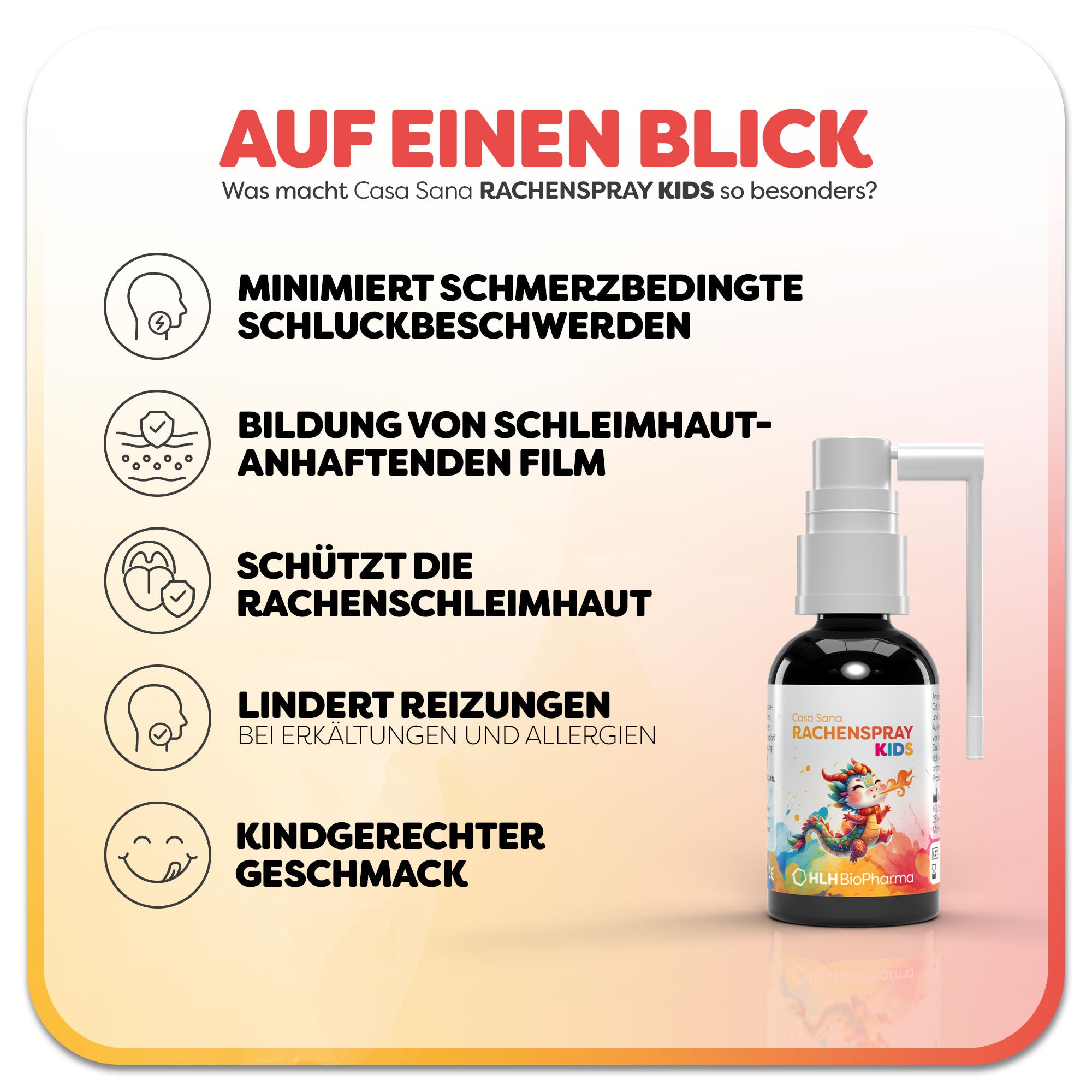 Informationsgrafik zum Hustensaft Casa Sana Rachenspray KIDS: Eine braune Flasche mit buntem Kinderetikett. Überschrift: Was macht Casa Sana Rachenspray Kids so besonders? Links befinden sich fünf Vorteile des Produkts: Minimiert schmerzbedingte Schluckbeschwerden, 2. Bildung von schleimhautanhaftenden Film, 3. schützt die Rachenschleimhaut, 4. lindert Reizungen, 5. kindgerechter Geschmack