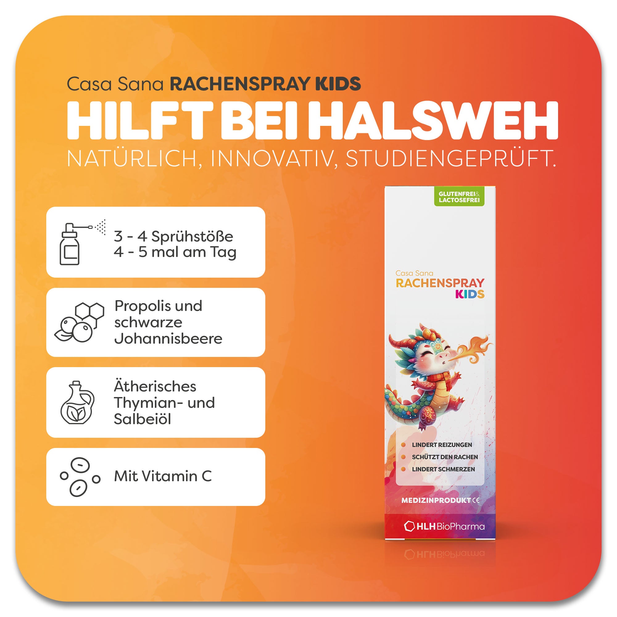 Produktbild des Casa Sana Rachenspray Kids mit bunter Drachenfigur auf der Verpackung. Der Hustensaft ist rein pflanzlich und enthält schwarze Johannisbeere, Propolis, ätherisches Thymian- und Salbeiöl. Lindert Reizungen, schützt den Rachen und lindert Schmerzen. Anwendung 3-4 Sprühstöße 4-5 mal täglich möglich. Natürlich, innovativ, studiengeprüft.