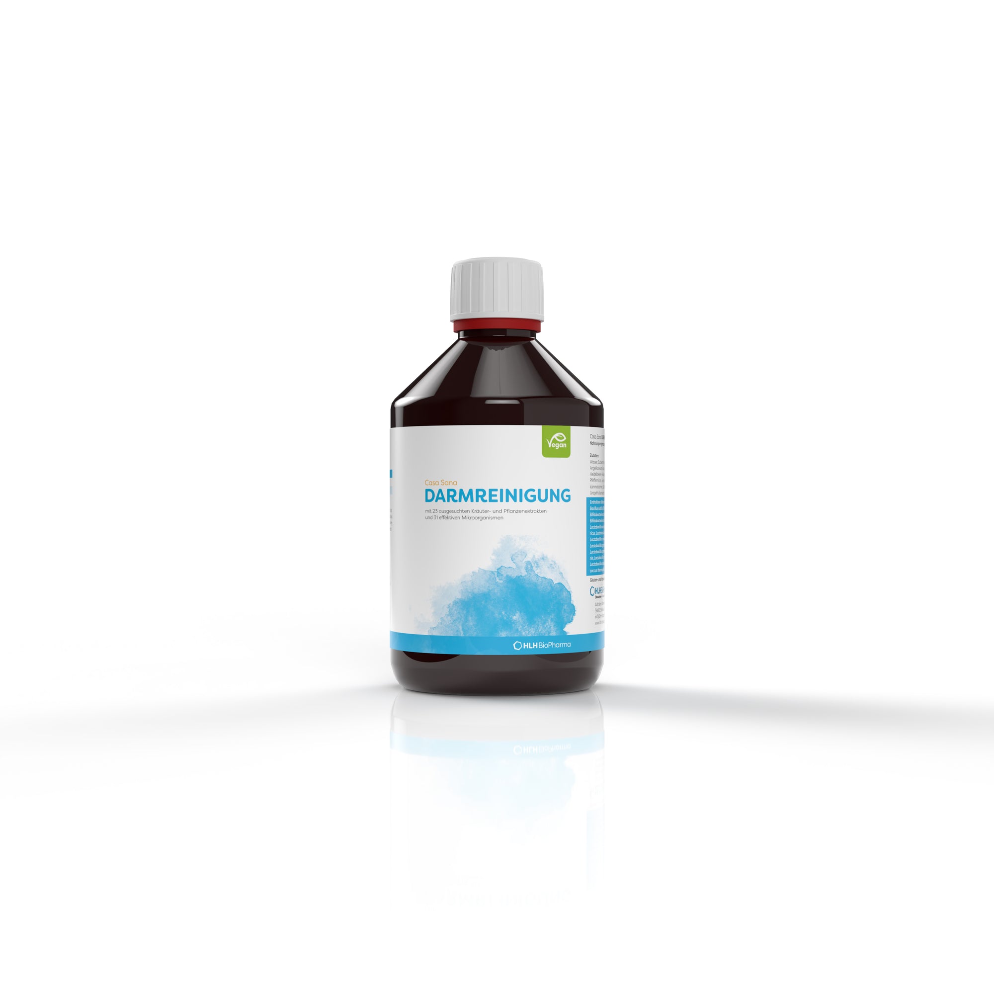 Produktbild Frontansicht von Casa Sana DARMREINIGUNG KIDS 500ml. Eine braune Flasche mit hellblauem Aquarell Wasserfleck auf dem Etikett. 