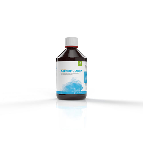 Produktbild Frontansicht von Casa Sana DARMREINIGUNG KIDS 500ml. Eine braune Flasche mit hellblauem Aquarell Wasserfleck auf dem Etikett. 