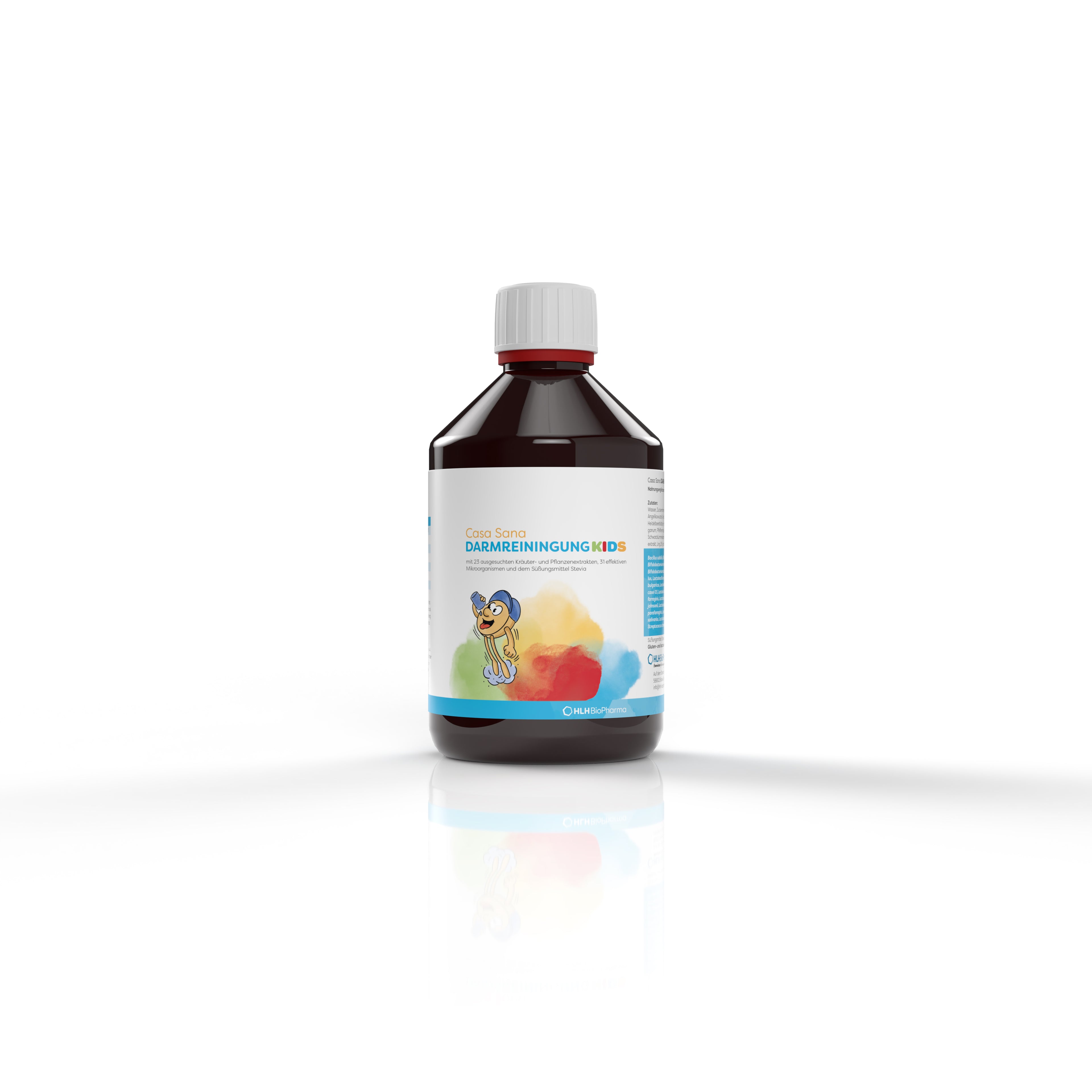 Produktbild Frontansicht von Casa Sana DARMREINIGUNG KIDS. Eine braune Flasche mit buntem Aquarell Wasserfleck auf dem Etikett. Darauf zu sehen: Karikatur trinkt Saft aus einem Becher.