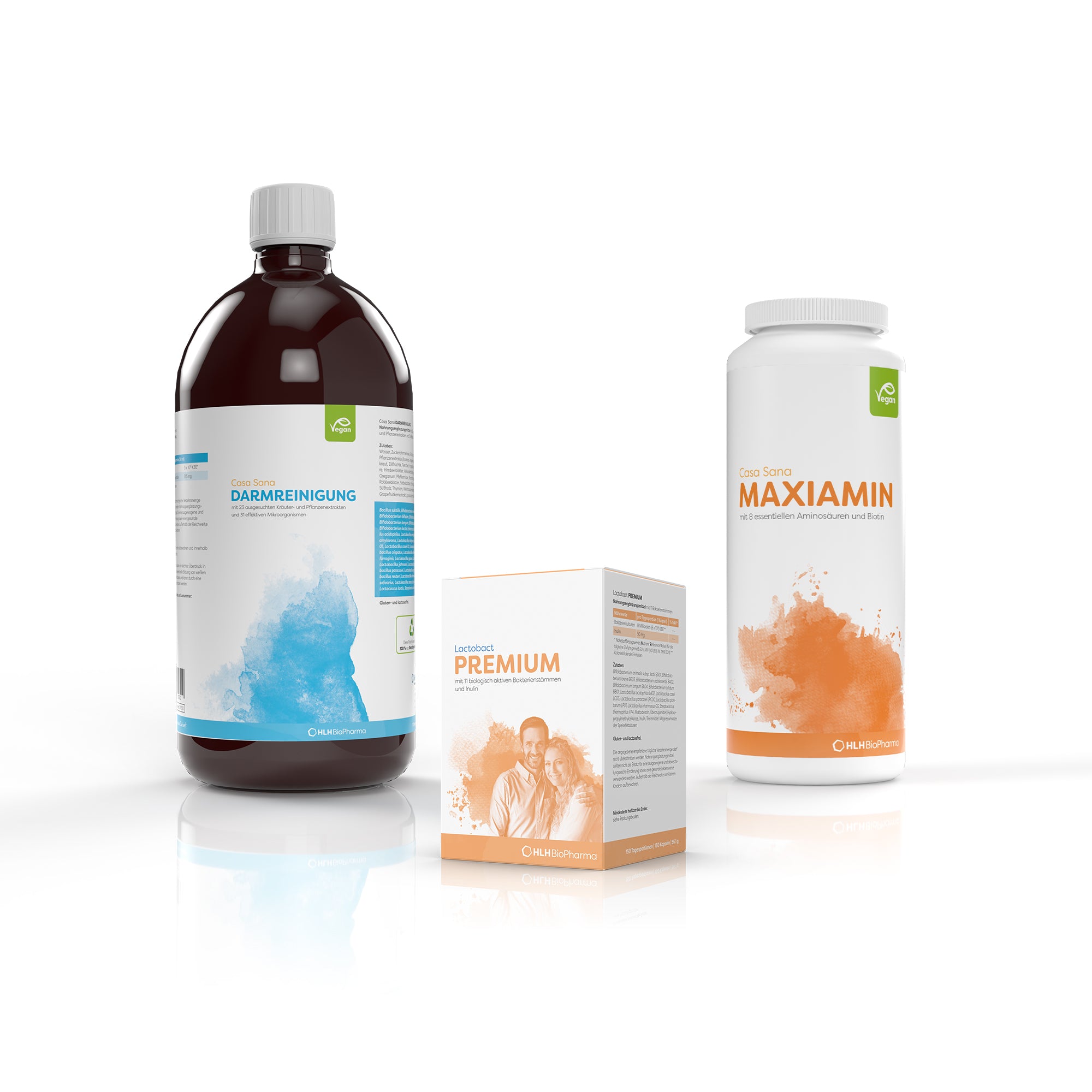 Produktbild Darmaufbau Paket MAXI: Links Casa Sana DARMREINIGUNG 1000 ml, rechts Casa Sana MAXIAMIN 160 Kapseln und in der Mitte Lactobact PREMIUM 150 Kapseln