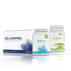 Produktbild Cholesterin & Arterienschutz-Paket: Links Lactobact LDL-Control 902 Kapseln, rechts Casa Sana PREBIO A 110g und in der Mitte Casa Sana OMEGA-3 FETTSÄUREN 90 Kapseln