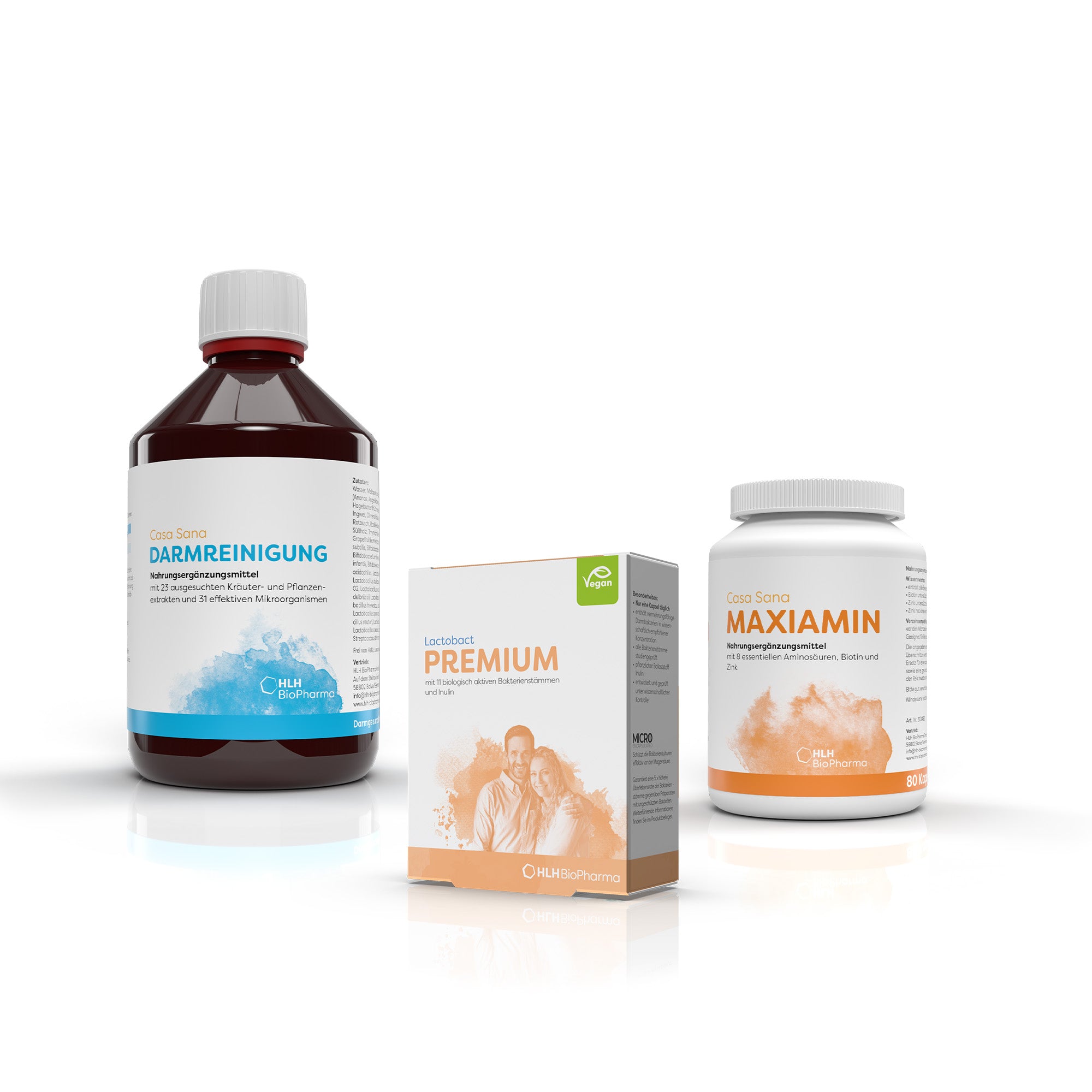 Produktbild Darmaufbau Paket : Links Casa Sana DARMREINIGUNG 500 ml, rechts Casa Sana MAXIAMIN 80 Kapseln und in der Mitte Lactobact PREMIUM 30 Kapseln