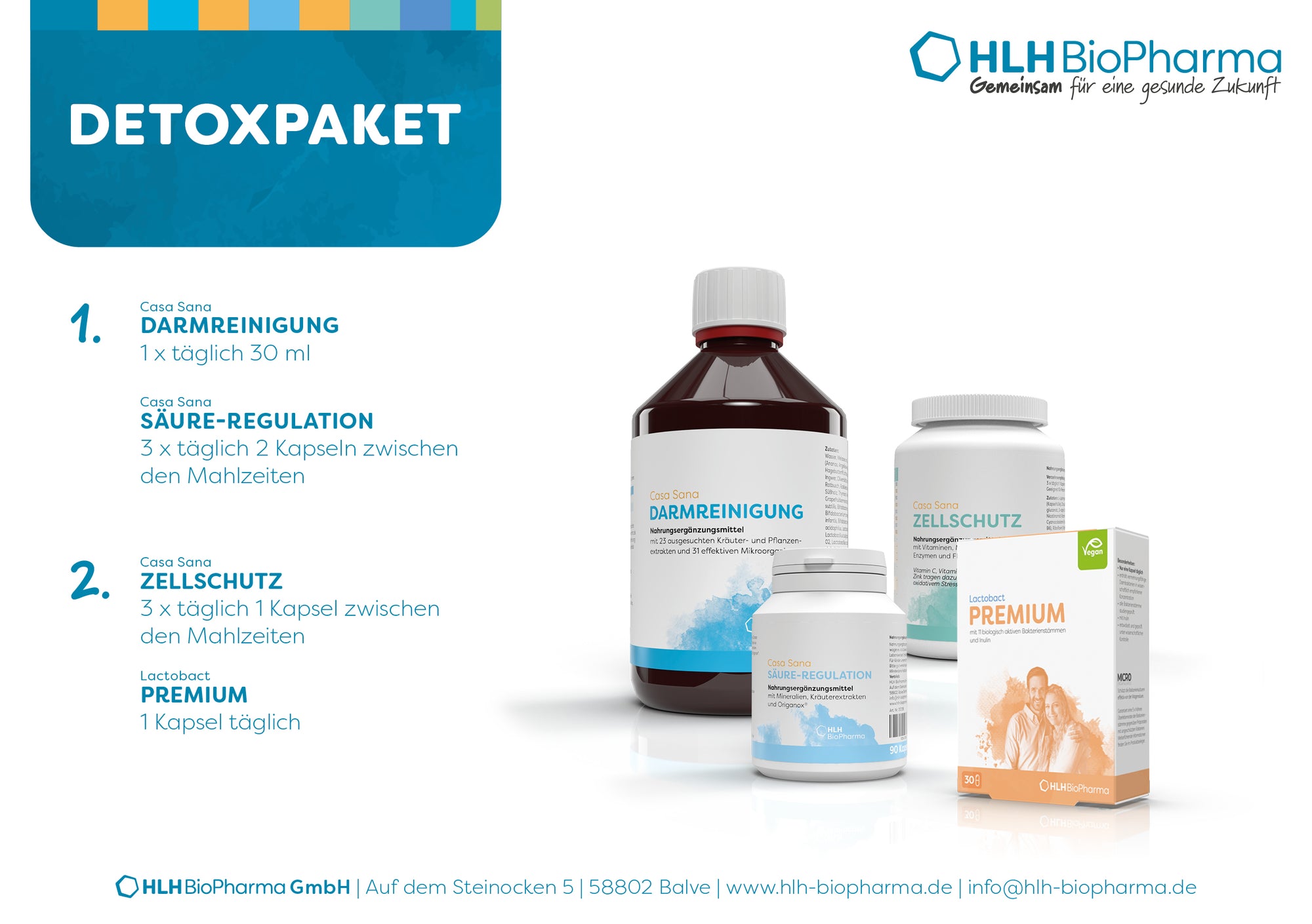 Informationsblatt Detoxpaket mit Casa Sana Darmreinigung, Casa Sana Säure-Regulation, Casa Sana Zellschutz und Lactobact Premium