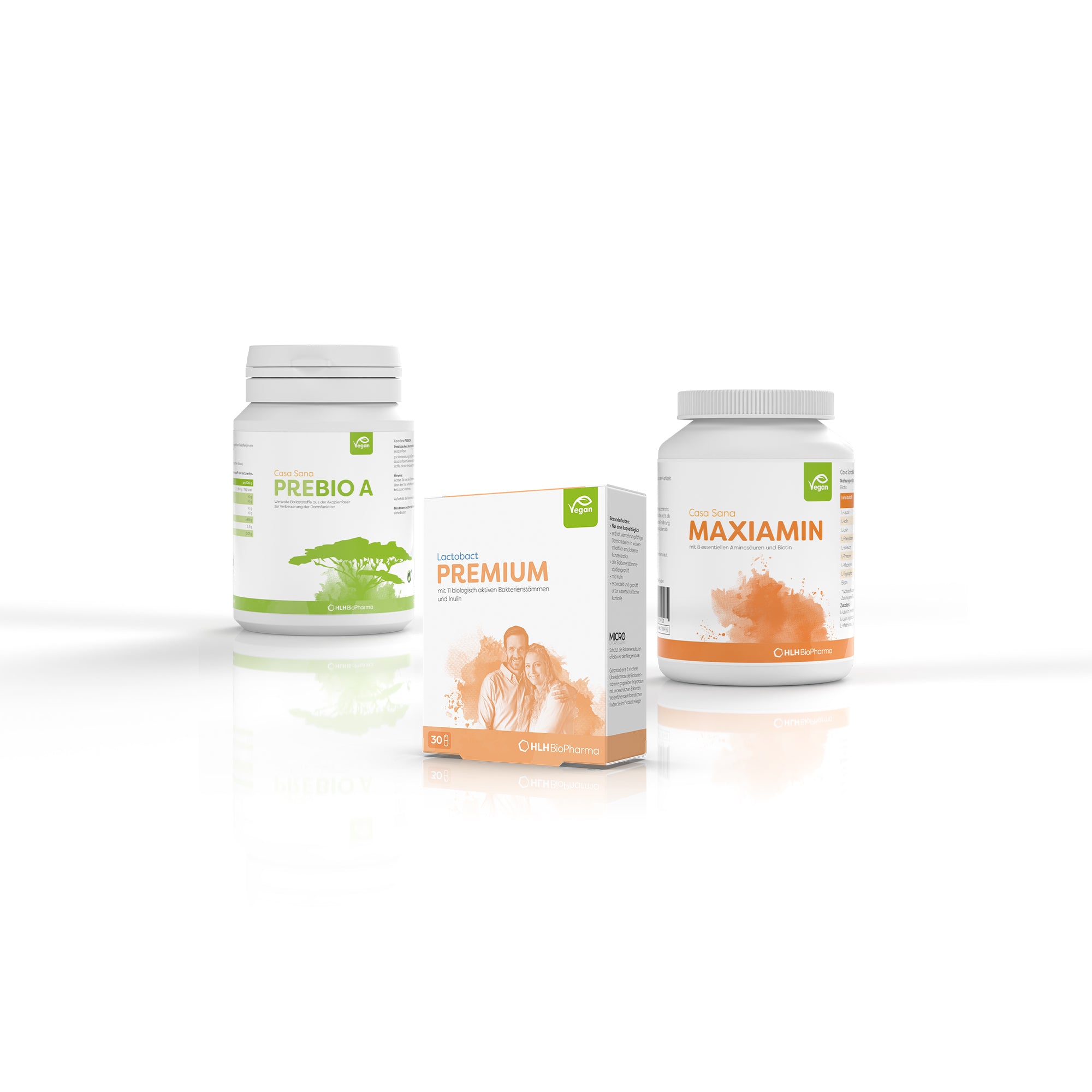 Produktbild Darmaufbau Paket Prä+Pro: Links Casa Sana PREBIO A 110 g, rechts Casa Sana MAXIAMIN 80 Kapseln und in der Mitte Lactobact PREMIUM 30 Kapseln