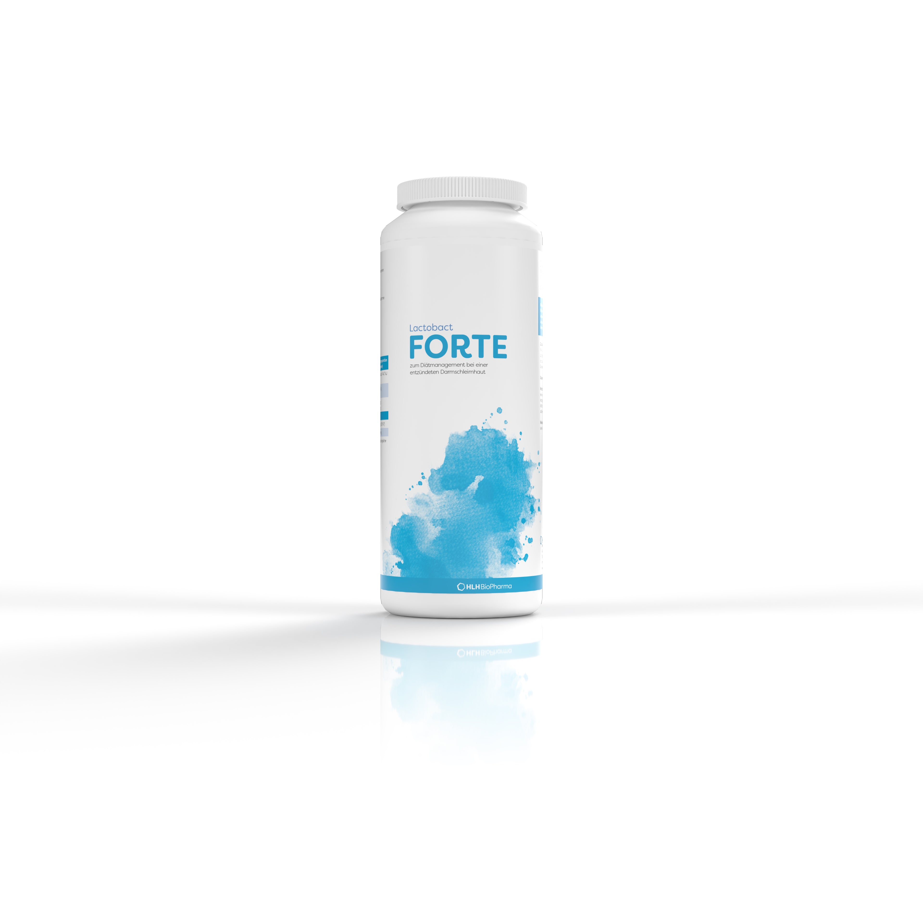 Produktbild Frontansicht von Lactobact FORTE 300 Kapseln mit hellblauem Aquarell Wasserfleck auf dem Etikett. 