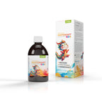 Produktbild des Casa Sana Hustensaft Kids mit bunter Drachenfigur auf der Verpackung. Braune Flasche daneben