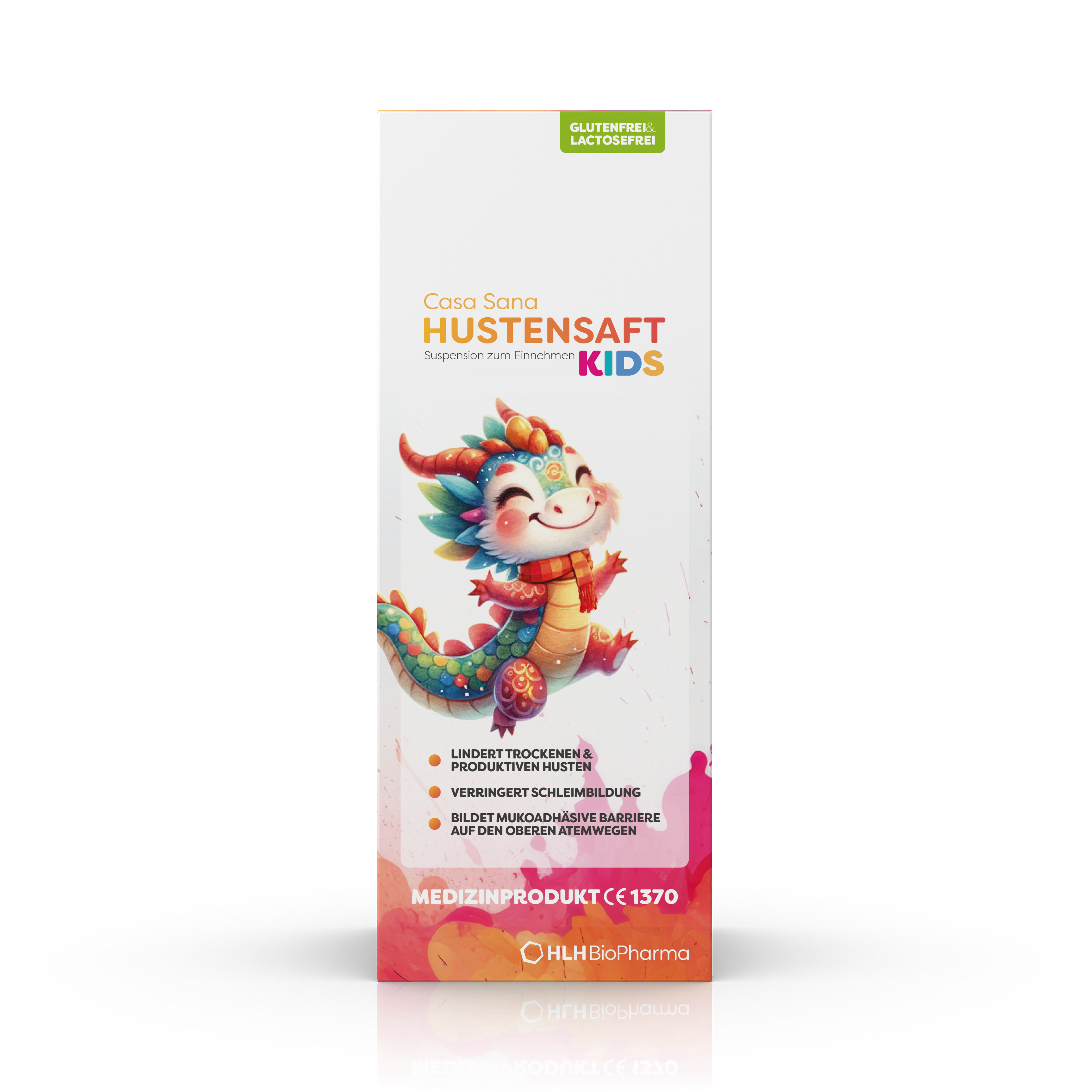 Produktbild Frontansicht des Casa Sana Hustensaft Kids mit bunter Drachenfigur auf der Verpackung.