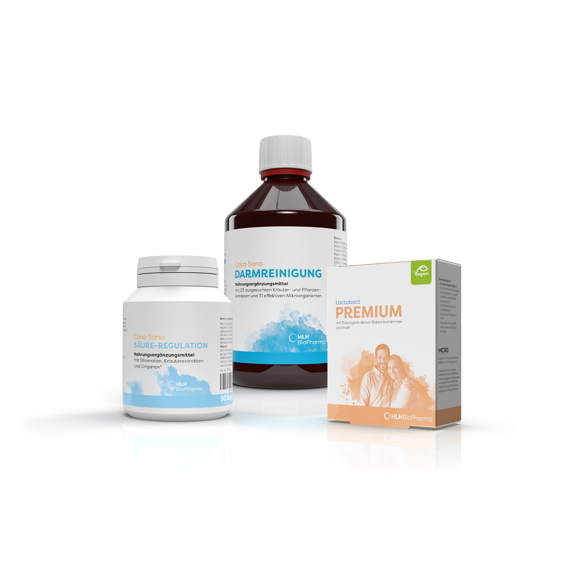 Produktbild Herbstpaket: Links Casa Sana Darmreinigung 500ml, rechts Lactobact Premium 30 Kapseln und in der Mitte Casa Sana Säure-Regulation 90 Kapseln