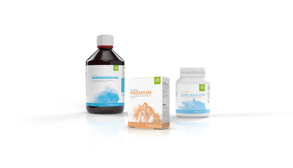 Produktbild Herbstpaket: Links Casa Sana Darmreinigung 500ml, rechts Casa Sana Säure-Regulation 90 Kapseln und in der Mitte Lactobact Premium 30 Kapseln