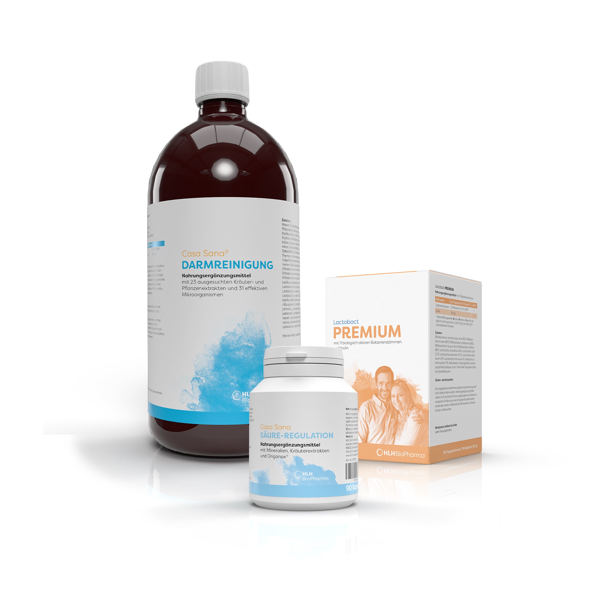 Produktbild Herbstpaket MAXI: Links Casa Sana Darmreinigung 1000ml, rechts Lactobact Premium 150 Kapseln und in der Mitte Casa Sana Säure-Regulation 90 Kapseln