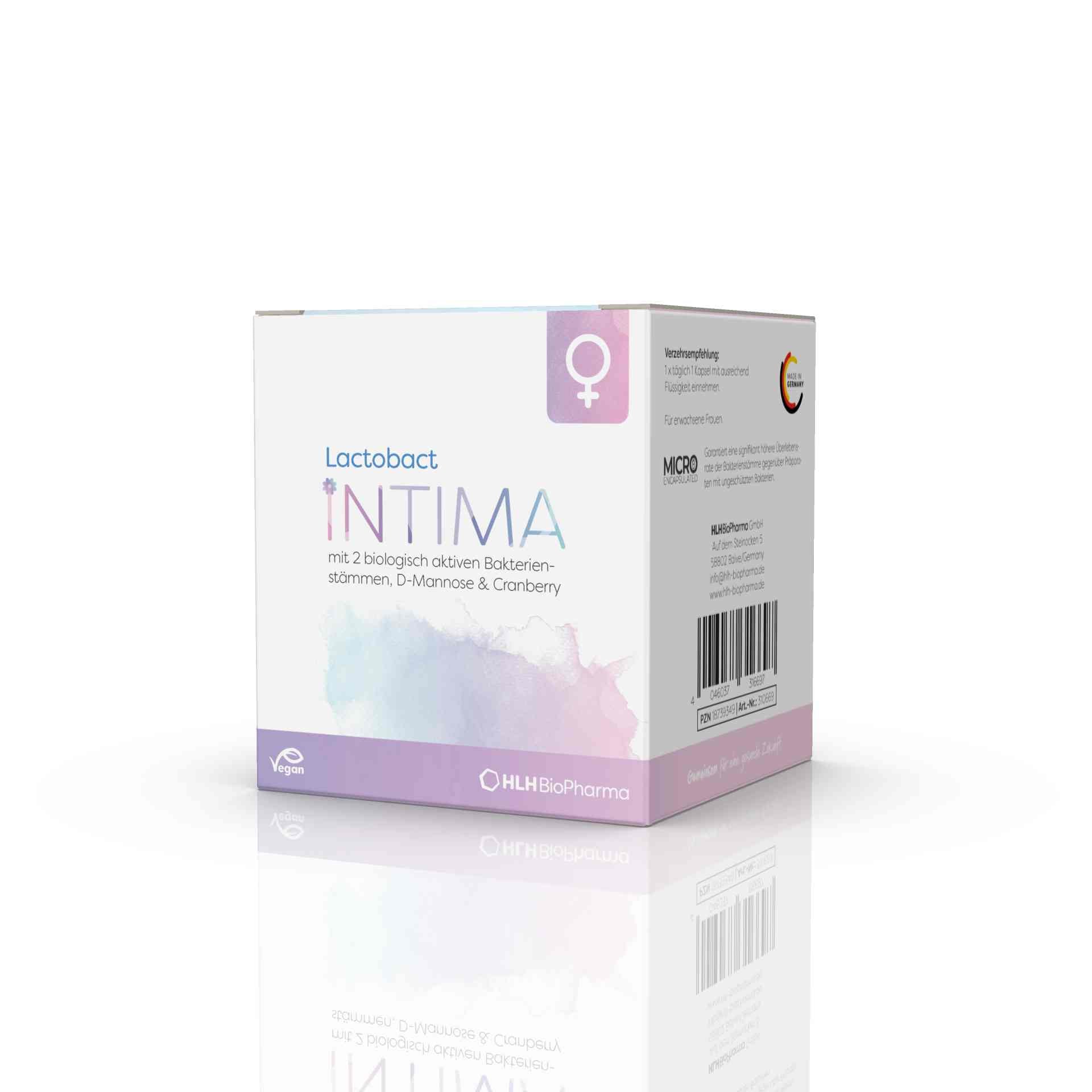 Produktbild schräge Ansicht des Lactobact INTIMA mit rosa-lilafarbenen Aquarell Wasserfleck und Venussymbol auf der Verpackung. 60 Kapseln 