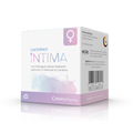 Produktbild schräge Ansicht des Lactobact INTIMA mit rosa-lilafarbenen Aquarell Wasserfleck und Venussymbol auf der Verpackung. 30 Kapseln