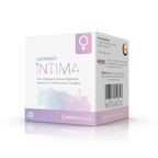 Produktbild schräge Ansicht des Lactobact INTIMA mit rosa-lilafarbenen Aquarell Wasserfleck und Venussymbol auf der Verpackung. 30 Kapseln