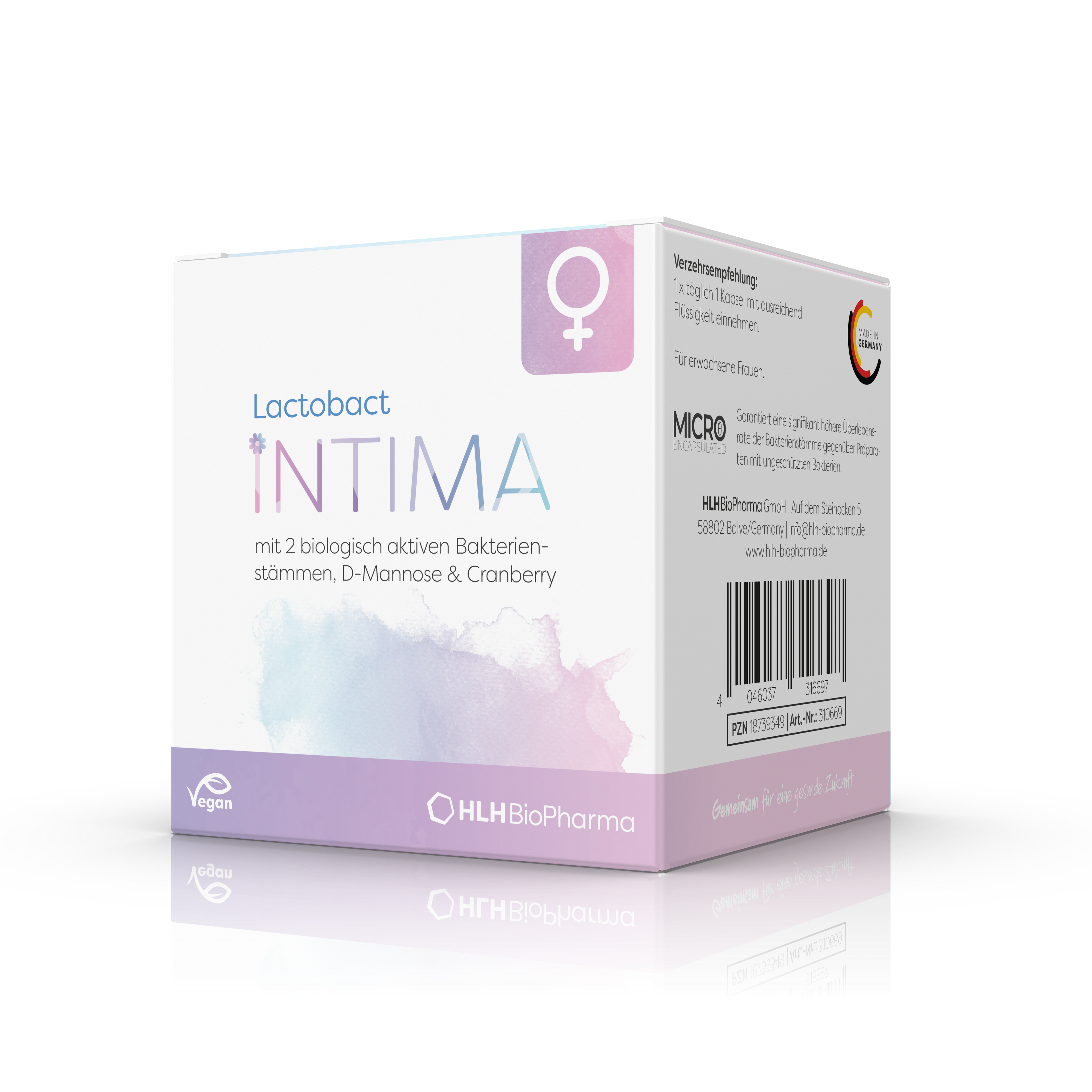 Produktbild schräge Ansicht des Lactobact INTIMA mit rosa-lilafarbenen Aquarell Wasserfleck und Venussymbol auf der Verpackung. 30 Kapseln