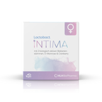 Produktbild Frontansicht des Lactobact INTIMA mit rosa-lilafarbenen Aquarell Wasserfleck und Venussymbol auf der Verpackung. 
