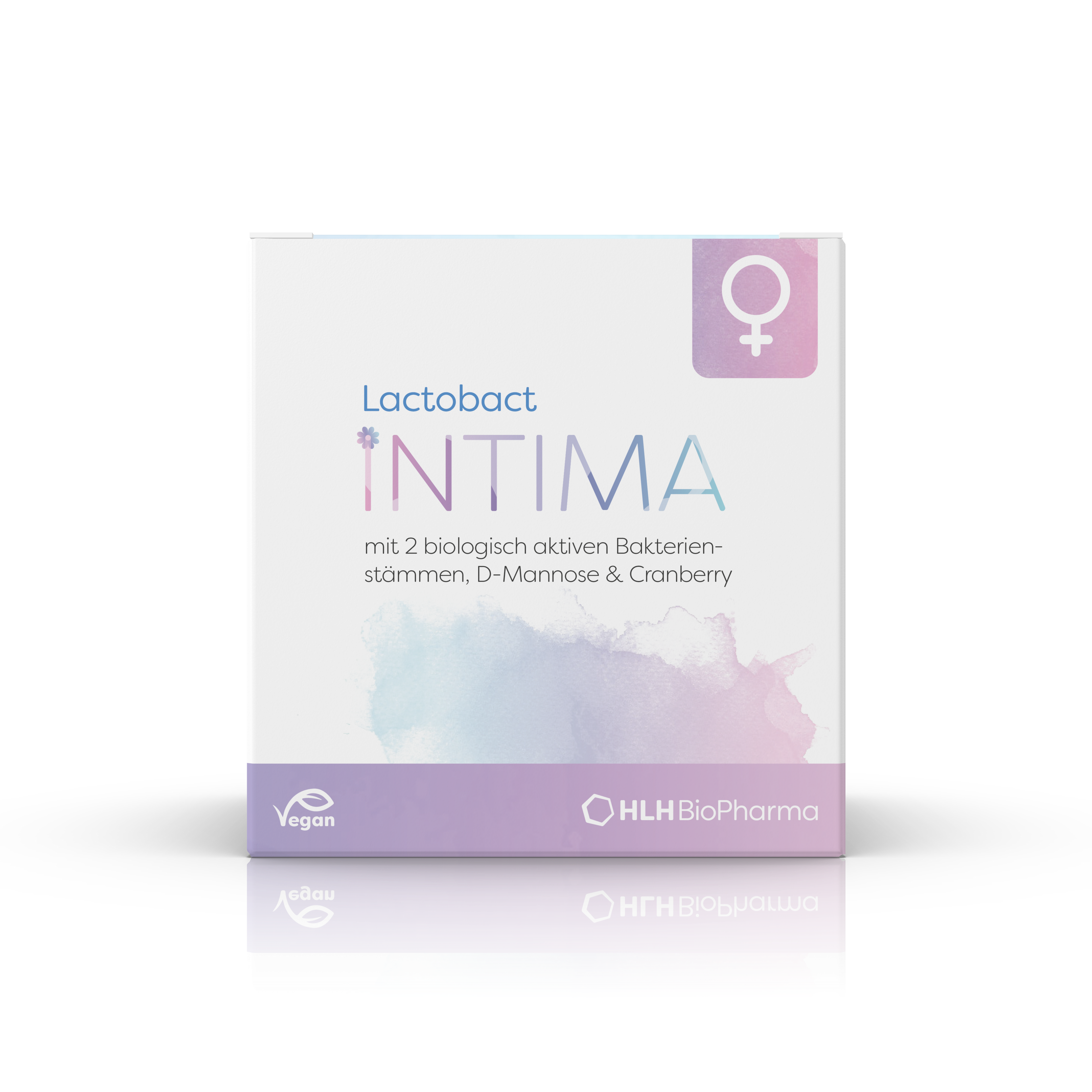 Produktbild Frontansicht des Lactobact INTIMA mit rosa-lilafarbenen Aquarell Wasserfleck und Venussymbol auf der Verpackung. 