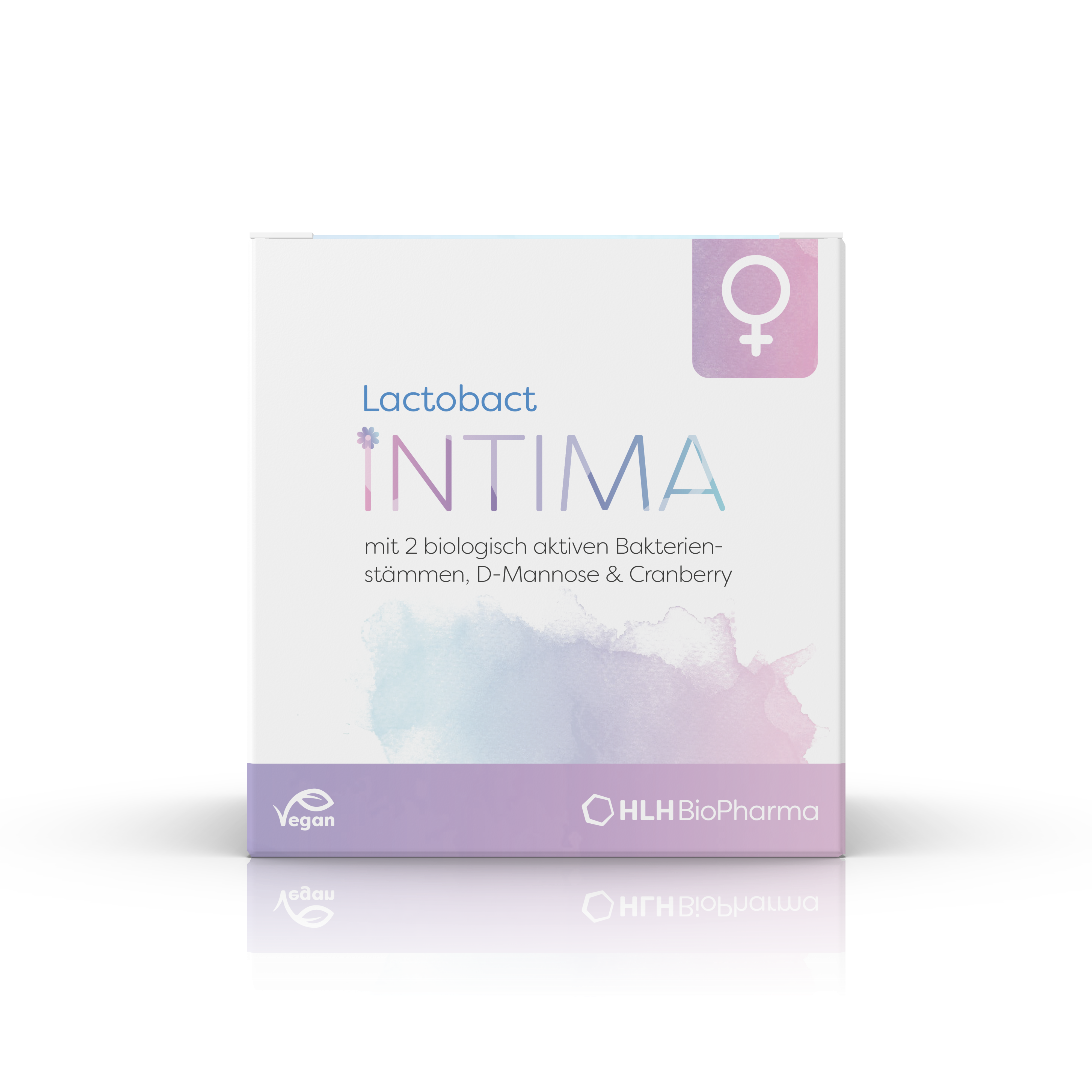 Produktbild Frontansicht des Lactobact INTIMA mit rosa-lilafarbenen Aquarell Wasserfleck und Venussymbol auf der Verpackung. 