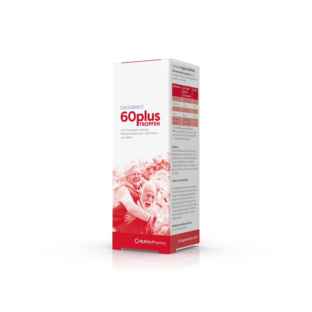 Produktbild schräg vorne vom Lactobact 60plus TROPFEN mit glücklichen älterem Paar auf der Verpackung.