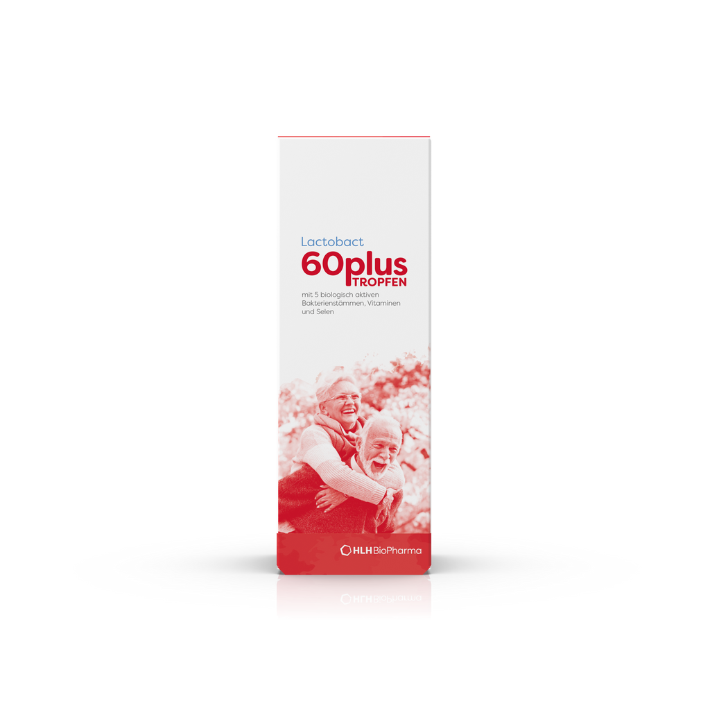 Produktbild Frontansicht von Lactobact 60plus TROPFEN mit glücklichen älterem Paar auf der Verpackung.