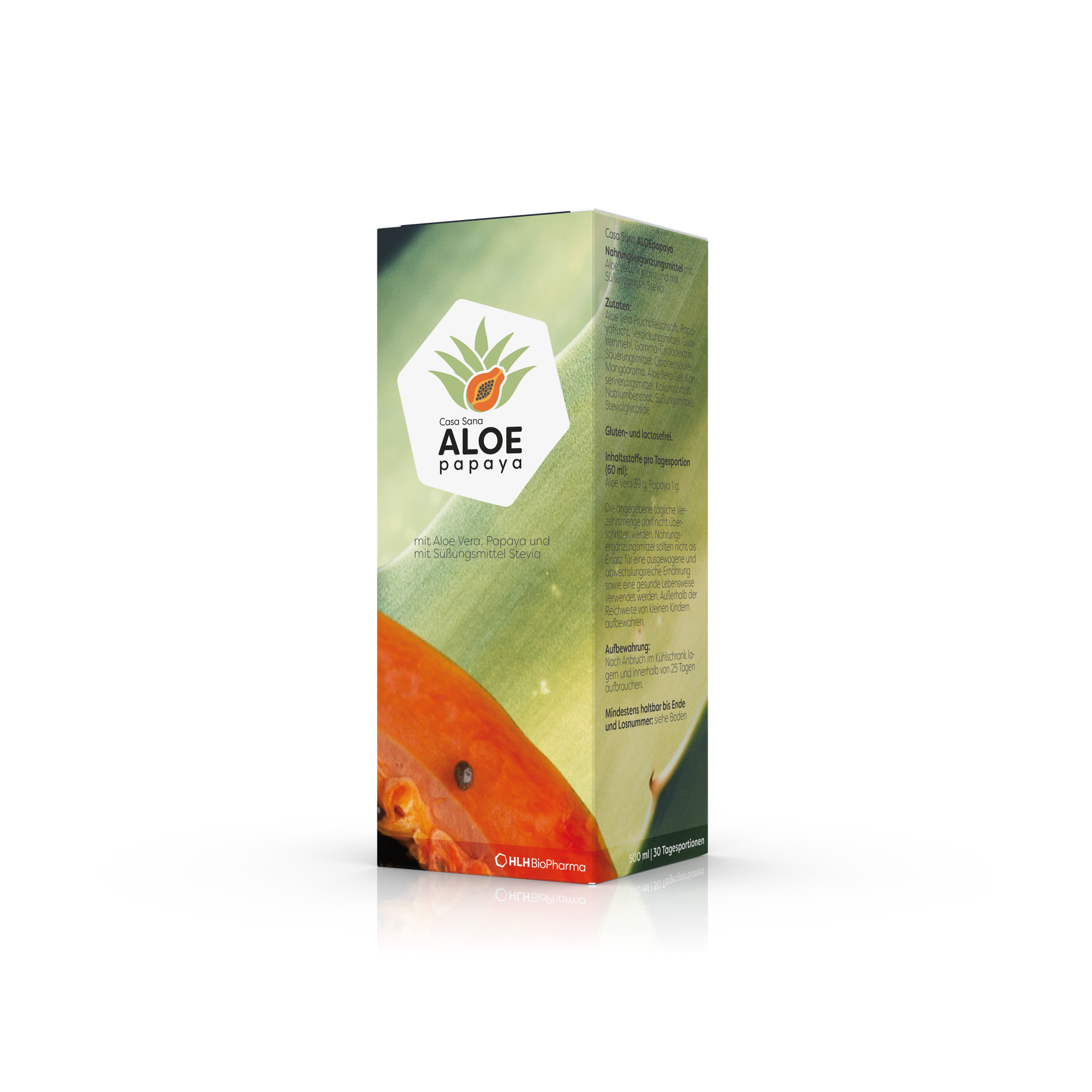 Produktbild schräge Ansicht des Casa Sana ALOEpapaya mit Abbildung einer Papaya auf der grünen Verpackung.