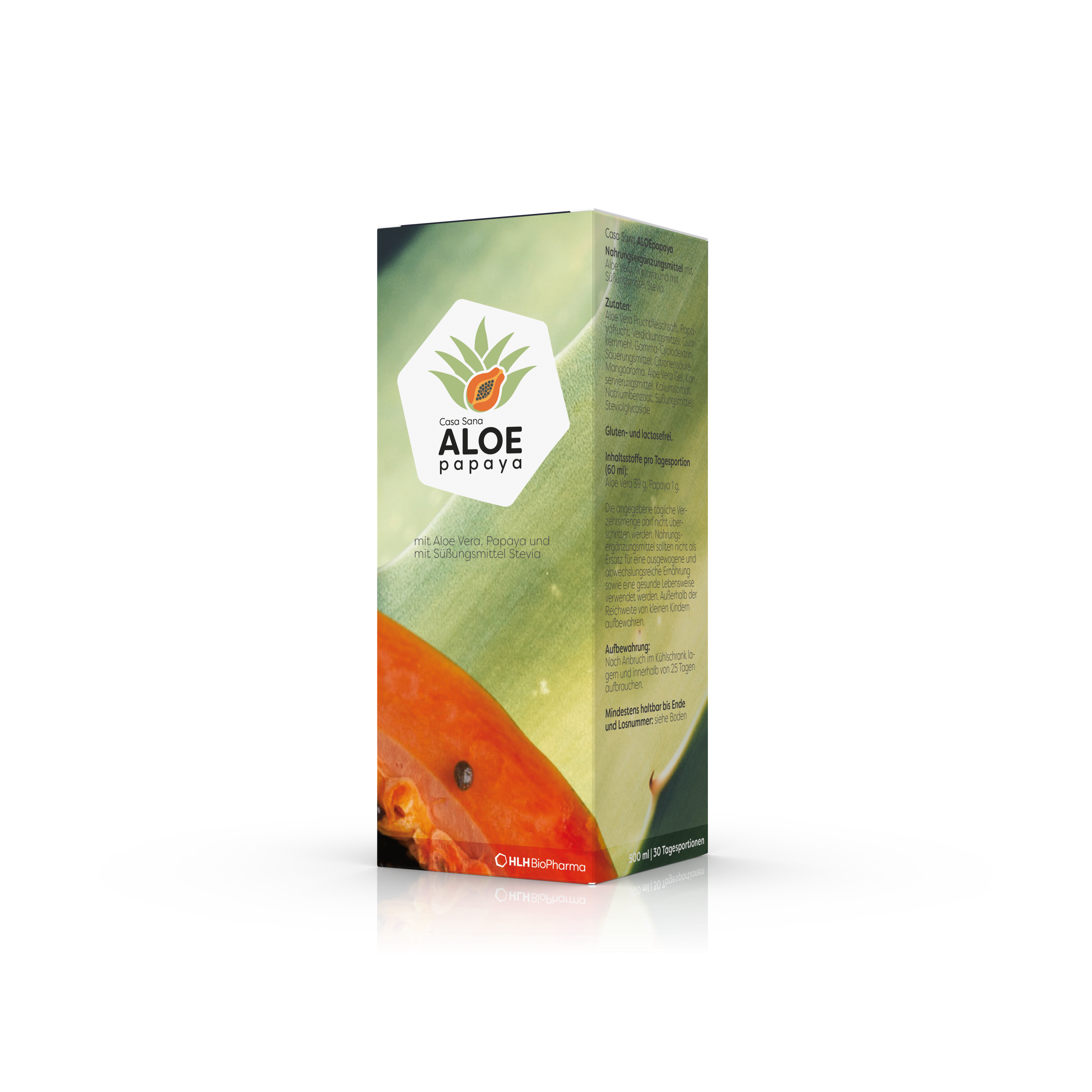 Kartonage Casa Sana ALOE Papaya schräg von vorne