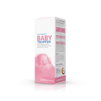 Produktbild schräge Ansicht von Lactobact BABY TROPFEN mit einem schlafendem Baby auf der rosafarbenen Verpackung.